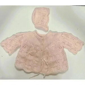Handmade Knitted Baby Sweater‎ Set With Hat Pink Jerene Bartle
